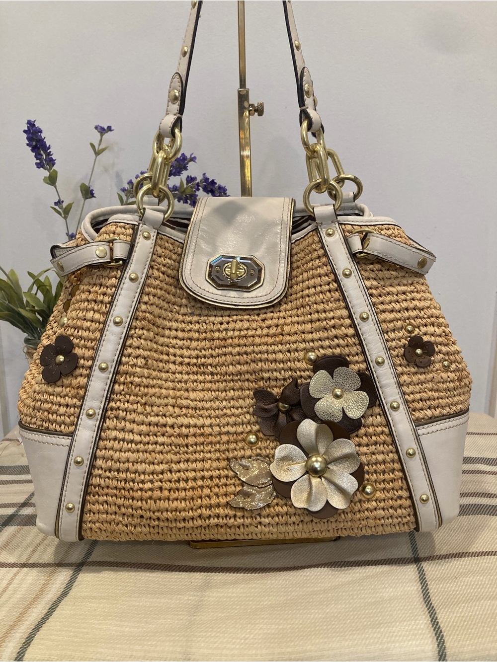 Coach Hampton Natalie 16763 Straw Raffia Floral Applique Tote Ivory